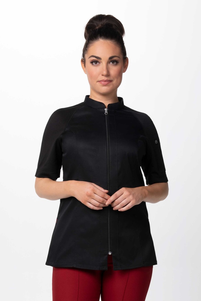 ARCADIA CHEF COAT WOMEN'S SHORT SLEEVE BLACK - SIZE MEDIUM