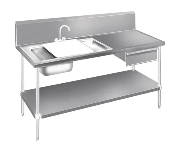 WORK TABLE W/UNDERSHELF+SINK+DRAWER+CUTTING BOARD - 96"W x 30"D